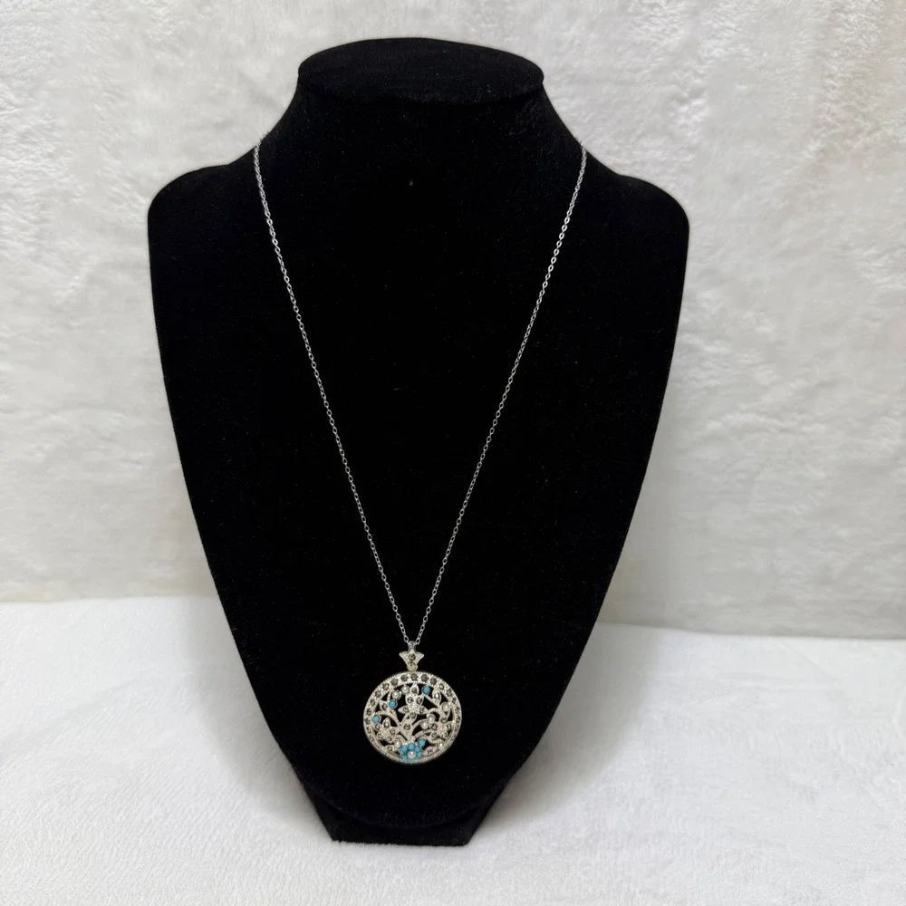 Sterling Silver Marcasite Turquoise Pearl‎ Floral Medallion Pendant Necklace